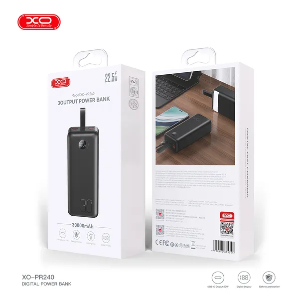 Sạc dự phòng XO PR240 - 30.000mAh, sạc nhanh PD 22.5W, màn hình LED