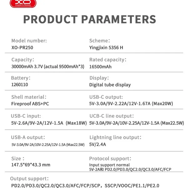 Sạc dự phòng XO PR250 - 30.000mAh, sạc nhanh đa năng, kèm 2 dây sạc