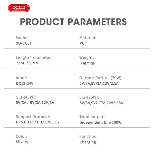 Đầu sạc ô tô XO CC61 100W - Sạc siêu tốc cho mọi thiết bị trên xe.