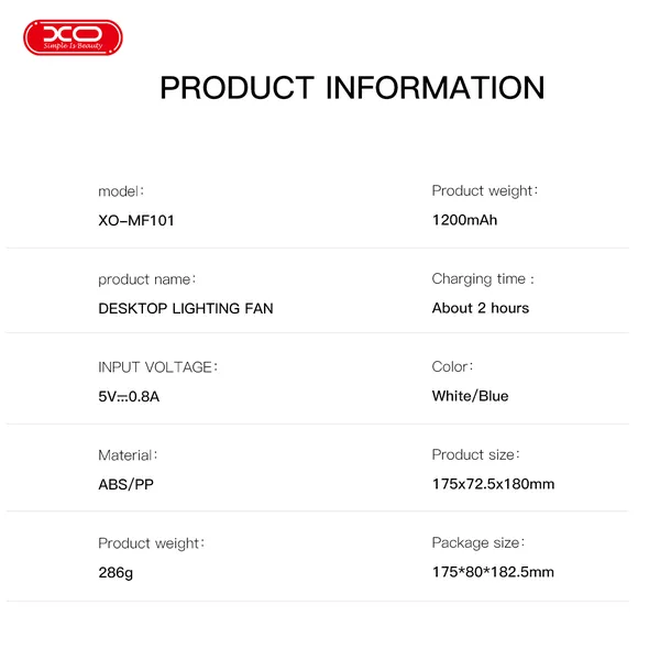 Quạt mini để bàn XO MF101 - Pin 1200mAh, xoay 180°, 5 cấp gió