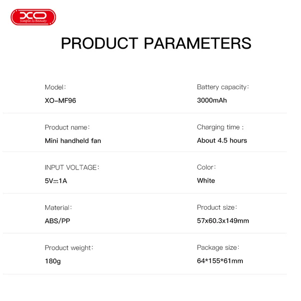 Quạt mini cầm tay XO MF96 - Màn hình kỹ thuật số, pin 3000mAh, gió mạnh