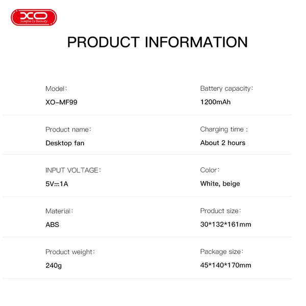 Quạt mini để bàn XO MF99 - Gấp gọn, màn hình LED, pin 1200mAh