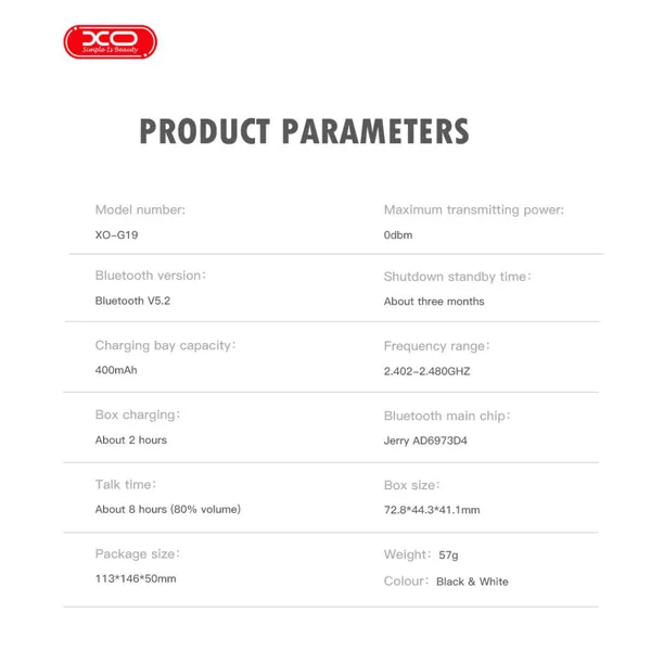 Tai nghe Airpod XO G19 TWS Chất Lượng, Đầy Đủ Chức Năng, Bluetooth V5.2