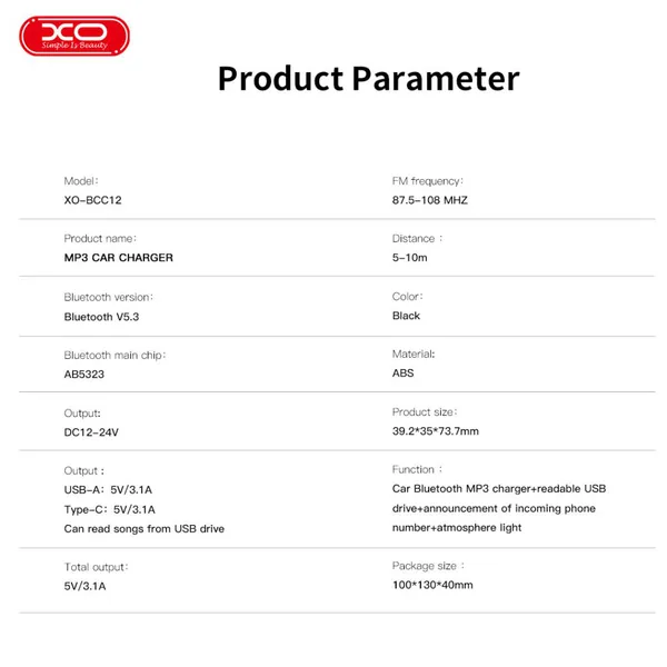 Đầu Sạc Ô Tô 2 Cổng Kèm MP3 5V (Đầu Type C + USB) XO BCC12, Tích Hợp Bluetooth V5.3