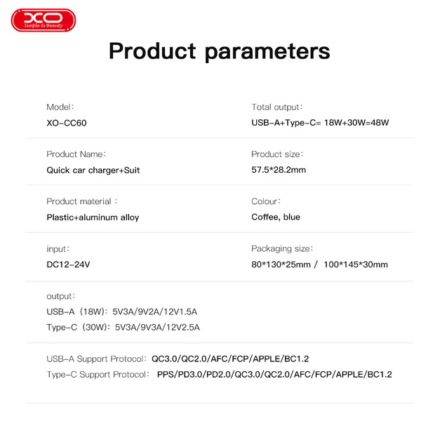 Đầu Sạc Ô Tô Đa Năng Công Suất 30W XO CC60, Trong Suốt, Hỗ Trợ Sạc Nhanh