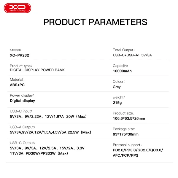 Sạc Dự Phòng XO PR232 Dung Lượng 10,000mAh, Thiết Kế Nhỏ Gọn, Chất Liệu Chống Cháy ABS + PC