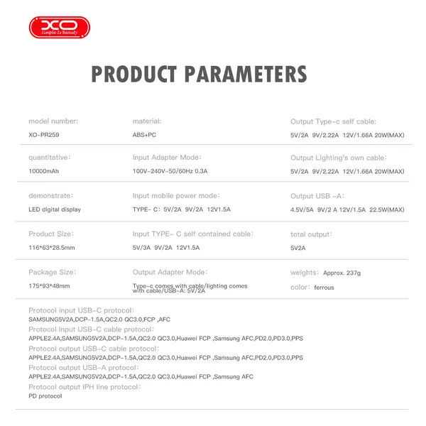 Pin Sạc Dự Phòng XO PR259 – Đỉnh Cao Công Nghệ, Sạc Nhanh PD22.5W, PD20W, Kèm Bộ Sạc Type C / Lighting