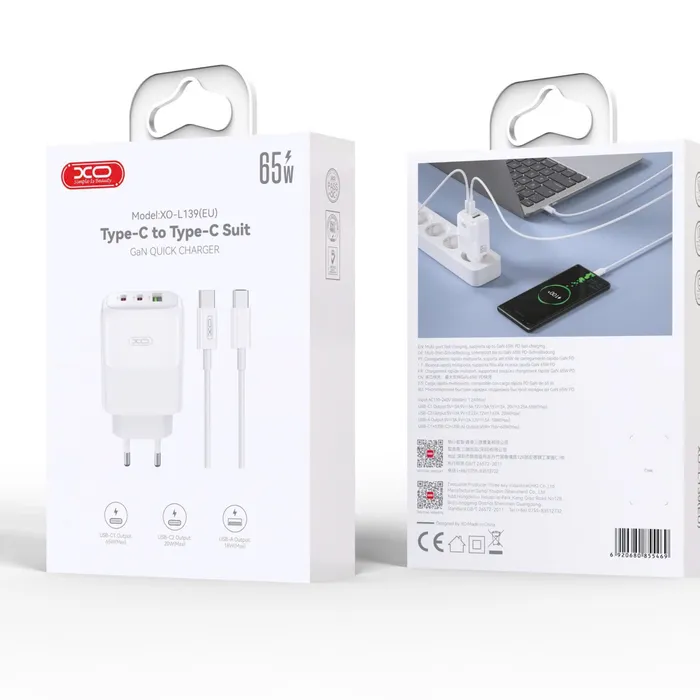 Bộ sạc nhanh 65W đa năng XO L139 EU - Sạc cùng lúc 3 thiết bị, kèm cáp sạc Type C