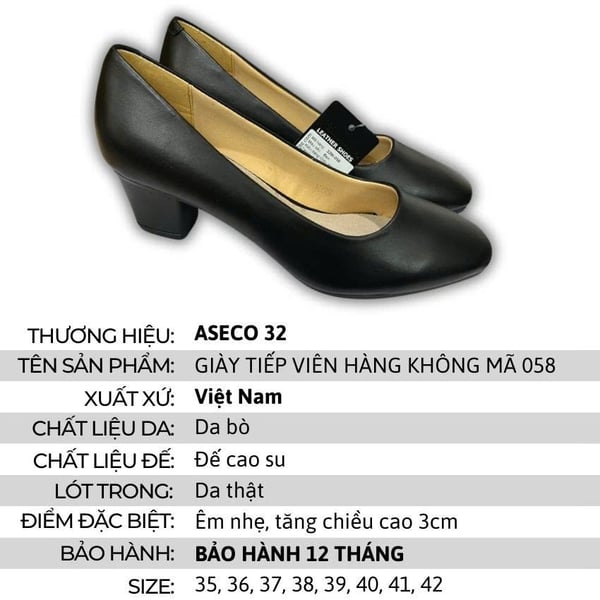 GIÀY TIẾP VIÊN HÀNG KHÔNG – 058, DA THẬT MỀM MẠI, ÊM ÁI, ĐẾ CAO SU CHỐNG TRƯỢT, KHÔNG GÂY ĐAU CHÂN