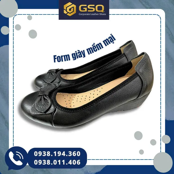  Giày Búp Bê Đế Xuồng Da Thật Mềm Đế Cao 4cm – Giày Đồng Phục Nhà Hàng Khách Sạn