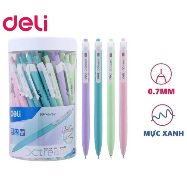 Bút bi bấm Deli EQ03336 ngòi 0.7mm – Mực xanh