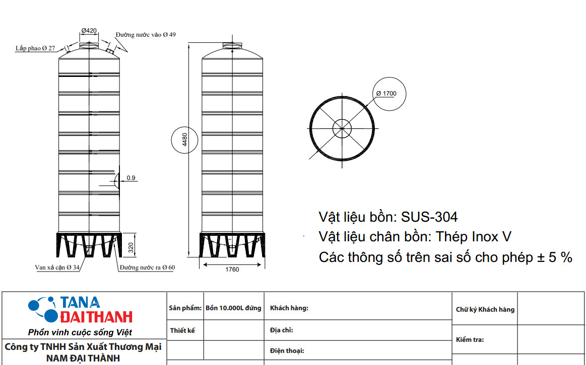 Bảng vẽ bồn nước Đại Thành 10.000L đứng