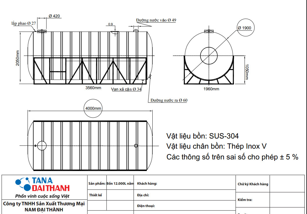 Bảng vẽ bồn nước Đại Thành 12.000L ngang
