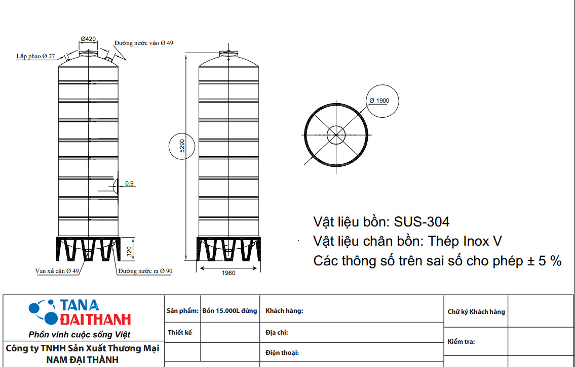 Bảng vẽ bồn nước Đại Thành 15.000L đứng