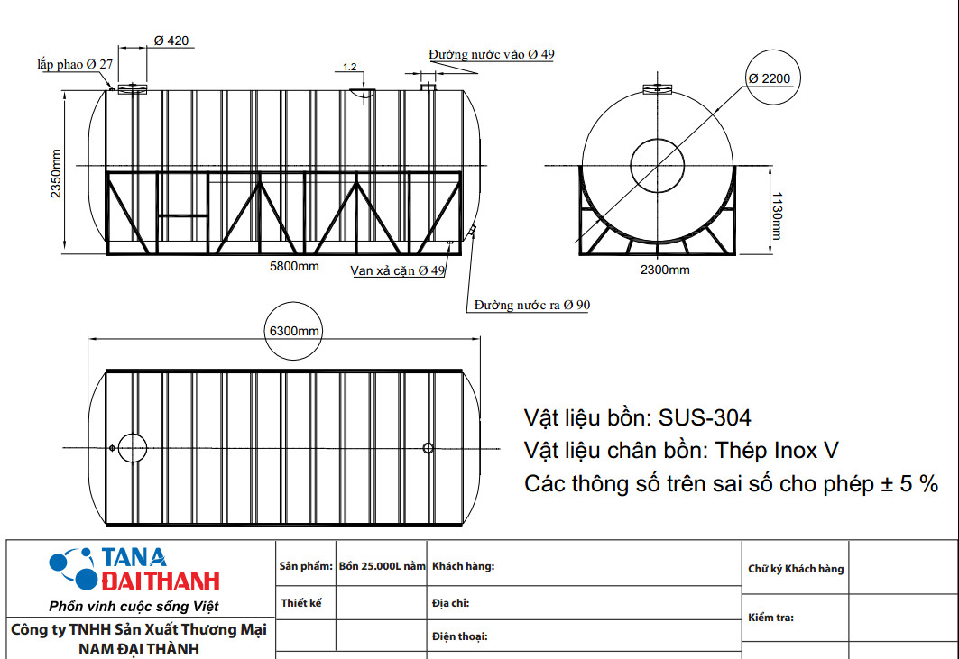 Bảng vẻ bồn nước Đại Thành 25.000L ngang