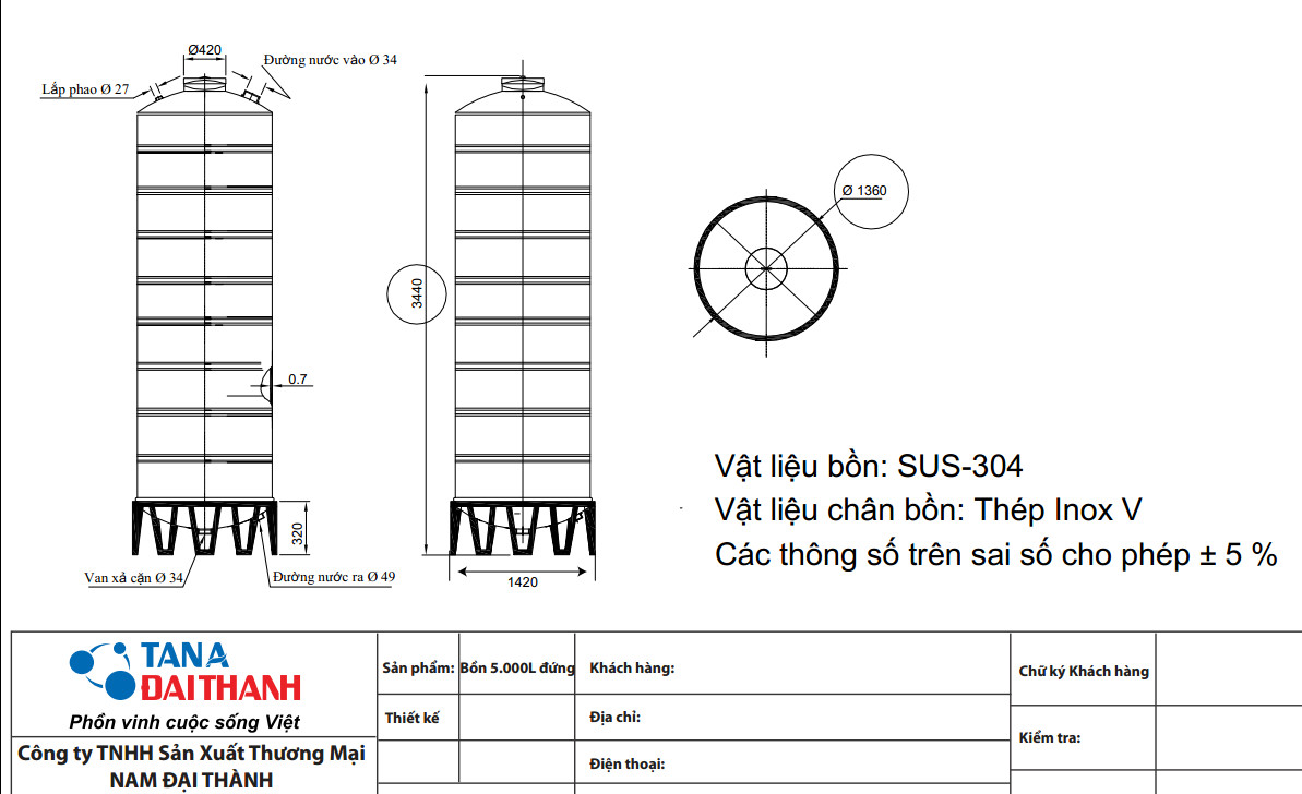 Bảng vẽ bồn nước Đại Thành 5.000L đứng