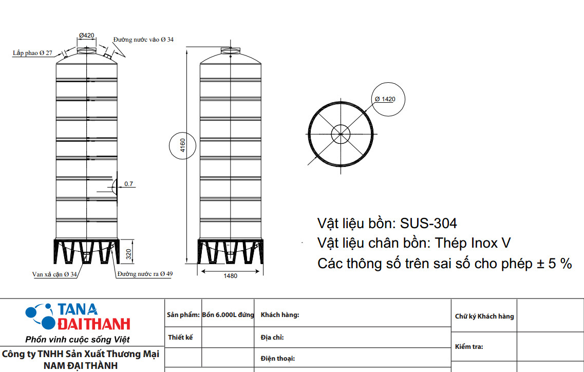 Bảng vẽ bồn nước Đại Thành 6.000L đứng