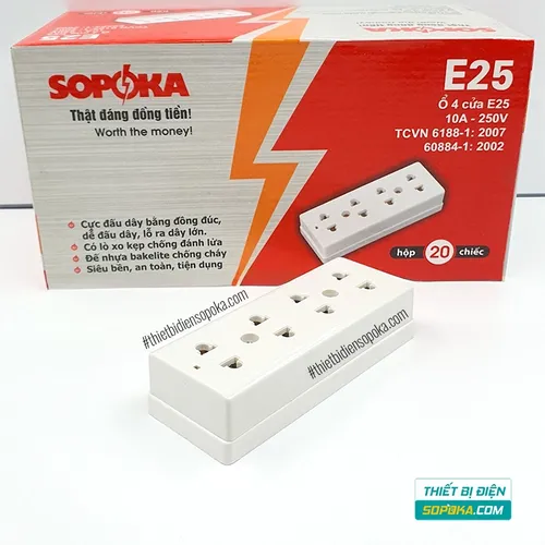 Ổ Cắm Điện 4 Lỗ Gắn Tường – Gắn Táp Lô 2200W 10A E25 SOPOKA
