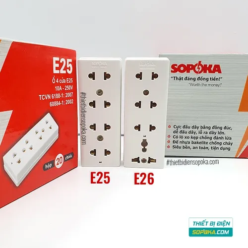 Ổ Cắm Điện 4 Lỗ Gắn Tường – Gắn Táp Lô 2200W 10A E25 SOPOKA