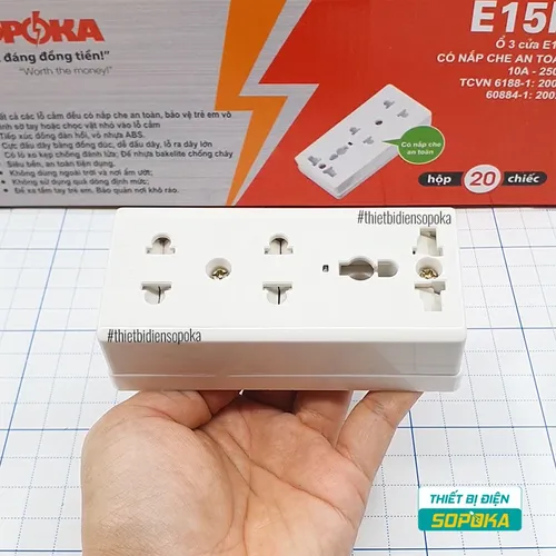 Ổ Cắm Điện 3 Lỗ Gắn Táp Lô Có Nắp Che E15N SOPOKA