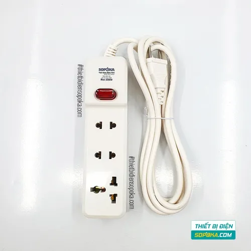 Ổ Cắm Điện 3 Lỗ Lõi Sứ Có Dây Và Công Tắc 2200W 10A 3M2 SOPOKA