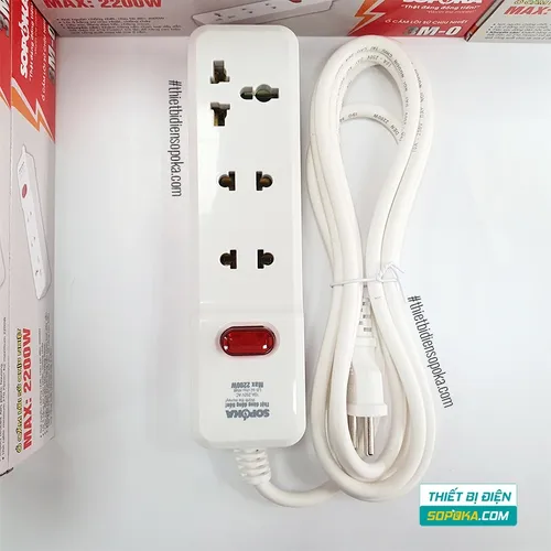 Ổ Cắm Điện 3 Lỗ Lõi Sứ Có Dây Và Công Tắc 2200W 10A 3M2 SOPOKA