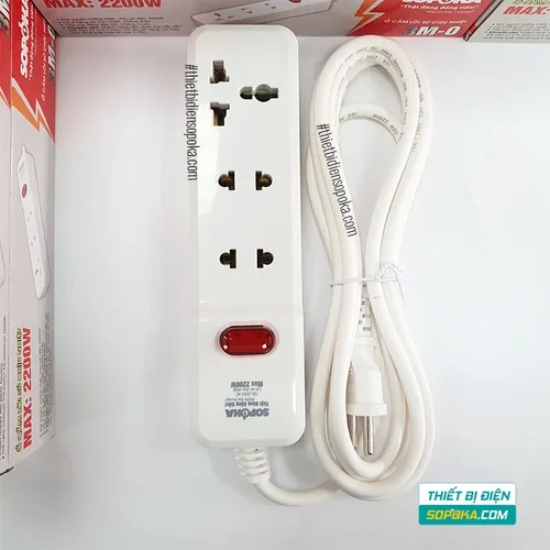 Ổ Cắm Điện 3 Lỗ Lõi Sứ Có Dây Và Công Tắc 2200W 10A 3M2 SOPOKA