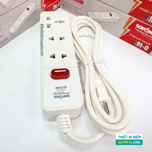 Ổ Cắm Điện 3 Lỗ Lõi Sứ Có Dây Và Công Tắc 2200W 10A 3M2 SOPOKA