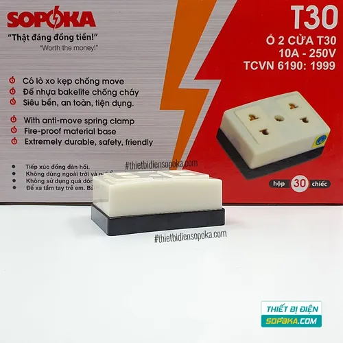 Ổ Cắm Điện 2 Lỗ Gắn Táp Lô 2200W 10A T30 SOPOKA