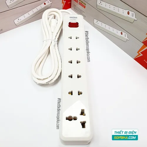 Ổ Cắm Điện 6 Lỗ Lõi Sứ Có Dây Và Công Tắc 2200W 10A 6M2 SOPOKA