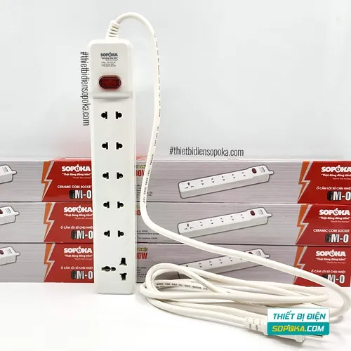Ổ Cắm Điện 6 Lỗ Lõi Sứ Có Dây Và Công Tắc 2200W 10A 6M2 SOPOKA