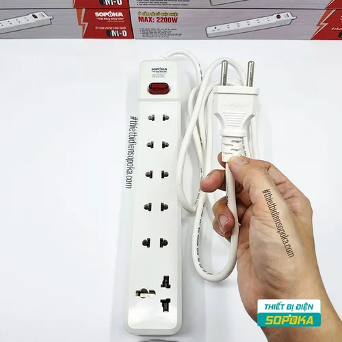 Ổ Cắm Điện 6 Lỗ Lõi Sứ Có Dây Và Công Tắc 2200W 10A 6M2 SOPOKA