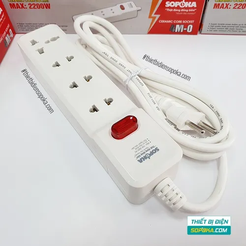Ổ Cắm Điện 4 Lỗ Lõi Sứ Có Dây Và Công Tắc 2200W 10A 4M2 SOPOKA