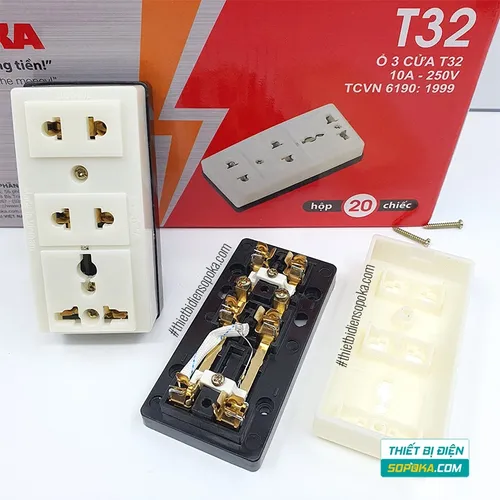 Ổ Cắm Điện SOPOKA 3 Lỗ Gắn Táp Lô 2200W 10A T32 SOPOKA
