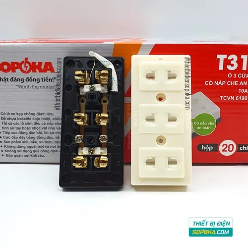 Ổ Cắm Điện 3 Lỗ Gắn Táp Lô Có Màn Che 2200W 10A T31N SOPOKA