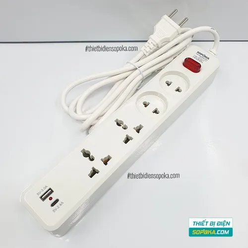 Ổ Cắm Điện 4 Lỗ Sạc Nhanh USB Type-C Lõi Sứ 2200W 10A 250V 4C2 SOPOKA