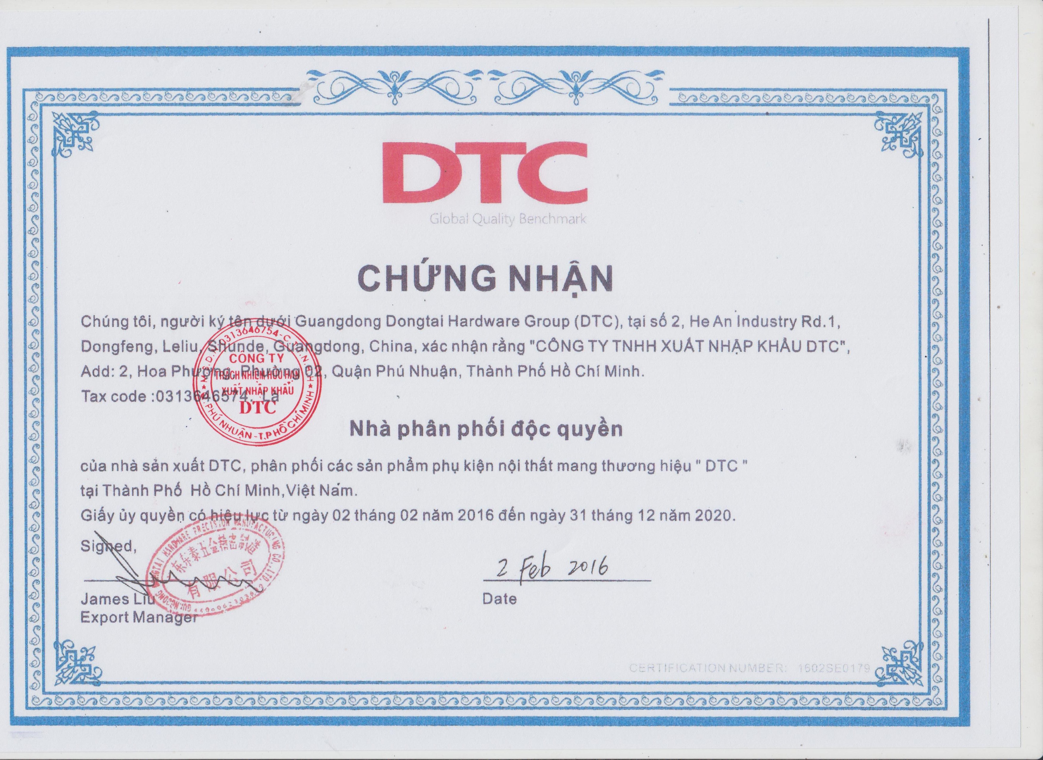 Giấy chứng nhận Nhà Phân Phối Độc Quyền Thương Hiệu DTC tại Việt Nam Giấy chứng nhận Nhà Phân Phối Độc Quyền Thương Hiệu DTC tại Việt Nam