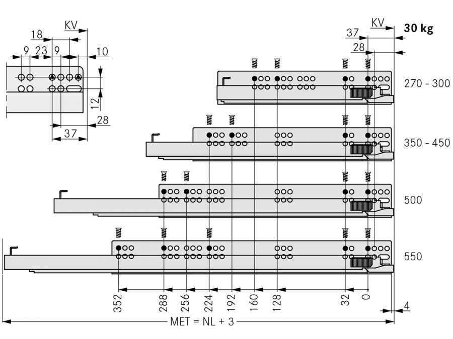 Kích thước ray trượt ngăn kéo phổ biến Kích thước ray trượt ngăn kéo phổ biến