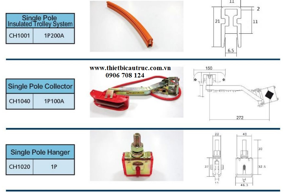 Chổi tiếp điện cầu trục 1P 100A Chổi tiếp điện cầu trục 1P 100A