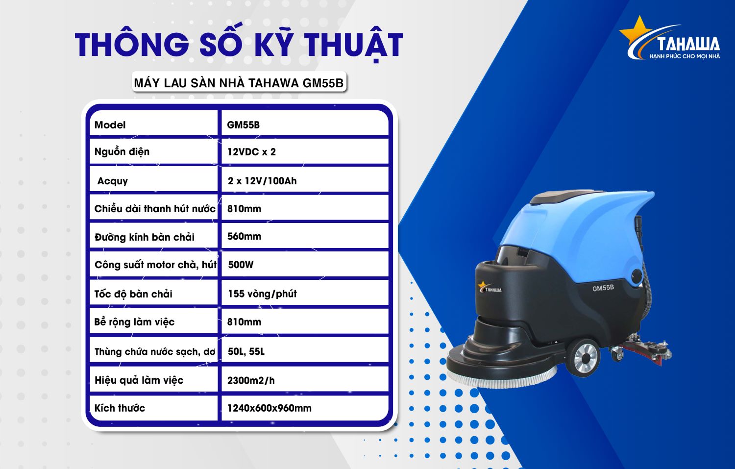 thông số kỹ thuật Máy lau sàn nhà Tahawa GM55B dùng bình thông số kỹ thuật Máy lau sàn nhà Tahawa GM55B dùng bình