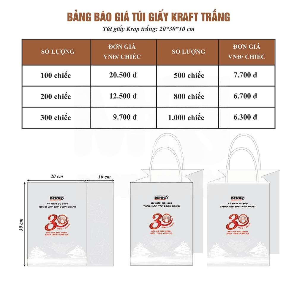 Bảng giá in túi giấy Kraft trắng kích thước 20*30*10 cm tại Bảng giá in túi giấy Kraft trắng kích thước 20*30*10 cm tại