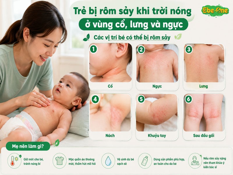 Các vị trí bé dễ nổi rôm sảy như vùng cổ, lưng và ngực, Các vị trí bé dễ nổi rôm sảy như vùng cổ, lưng và ngực,