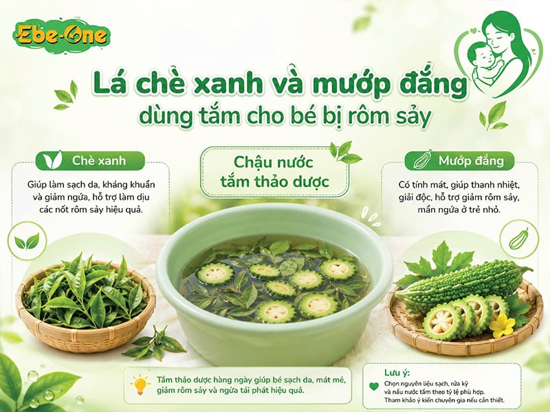 Lá chè xanh và mướp đắng dùng tắm cho bé bị rôm sảy Lá chè xanh và mướp đắng dùng tắm cho bé bị rôm sảy