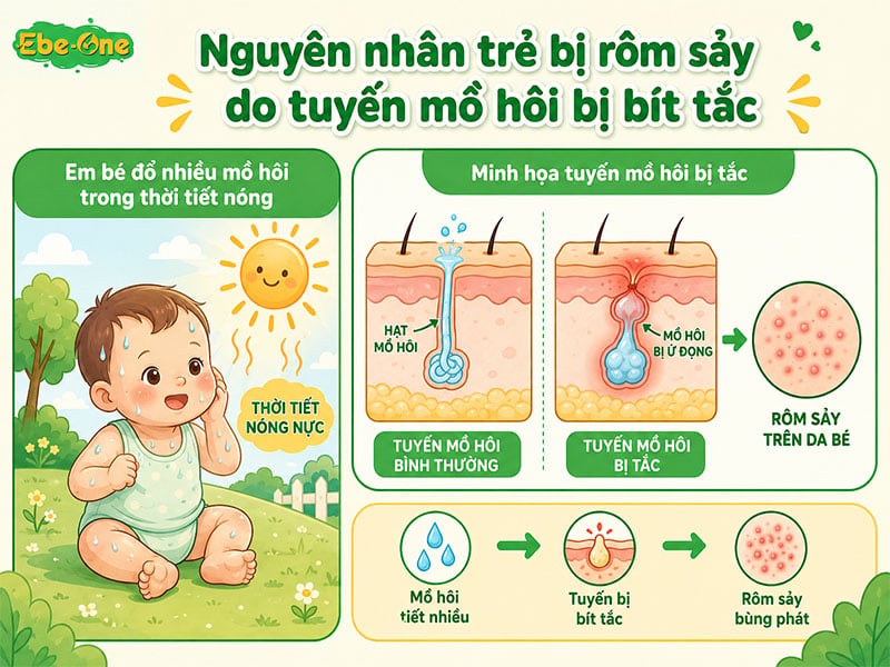 Nguyên nhân trẻ bị rôm sảy do tuyến mồ hồi bị bít tắc Nguyên nhân trẻ bị rôm sảy do tuyến mồ hồi bị bít tắc