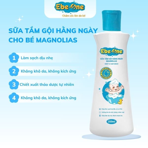 Sữa tắm gội hàng ngày Magnolias Ebe-One với công thức thảo dược nhẹ nhàng, giúp làm sạch – kháng khuẩn – dưỡng ẩm hiệu quả cho bé sơ sinh. Sữa tắm gội hàng ngày Magnolias Ebe-One với công thức thảo dược nhẹ nhàng, giúp làm sạch – kháng khuẩn – dưỡng ẩm hiệu quả cho bé sơ sinh.