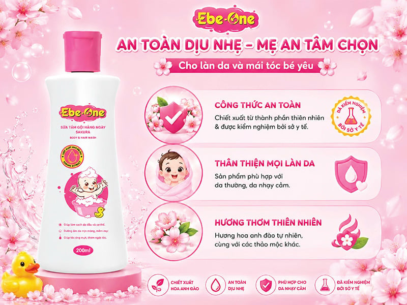 Sữa Tắm Gội Hàng Ngày Sakura Ebe-One - Làm sạch nhẹ nhàng, giữ ẩm tự nhiên, thơm tóc bé yêu Sữa Tắm Gội Hàng Ngày Sakura Ebe-One - Làm sạch nhẹ nhàng, giữ ẩm tự nhiên, thơm tóc bé yêu