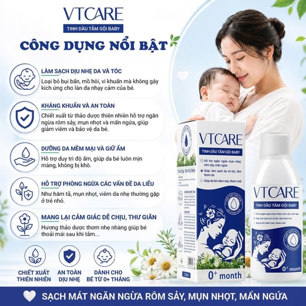 Tinh dầu tắm gội Baby VTCARE - Sạch mát ngăn ngừa rôm sảy, mụn nhọt, mẩn ngứa