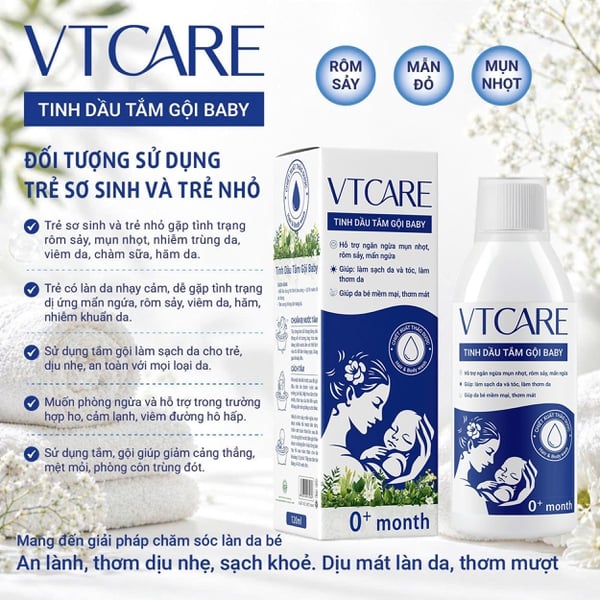 Tinh dầu tắm gội Baby VTCARE - Sạch mát ngăn ngừa rôm sảy, mụn nhọt, mẩn ngứa