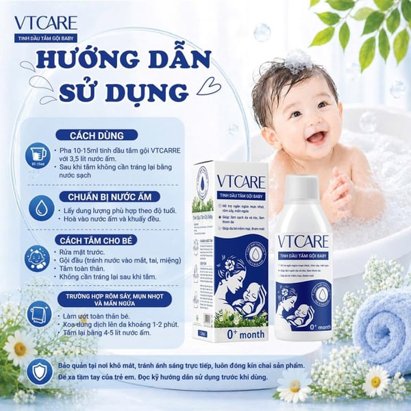 Tinh dầu tắm gội Baby VTCARE - Sạch mát ngăn ngừa rôm sảy, mụn nhọt, mẩn ngứa