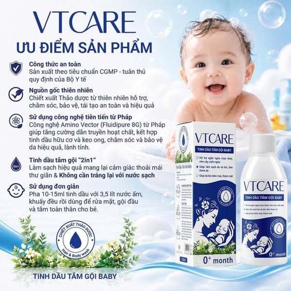 Tinh dầu tắm gội Baby VTCARE - Sạch mát ngăn ngừa rôm sảy, mụn nhọt, mẩn ngứa